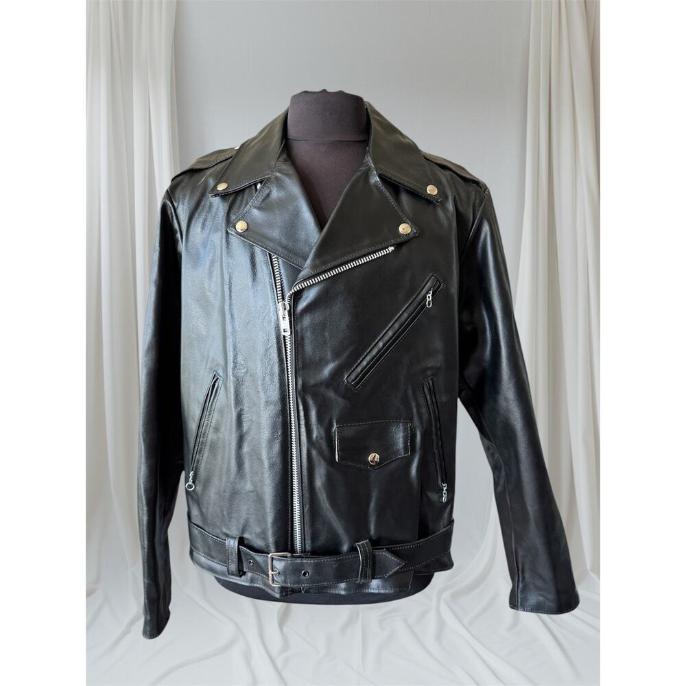 Men's Vintage Black Leather Motorcycle Jacket, XL/ 46T
